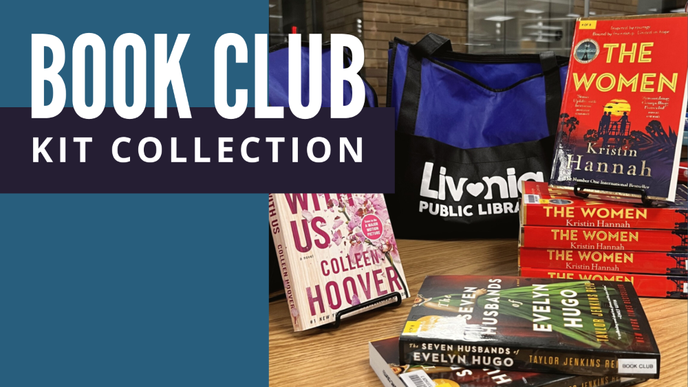 display of book club kits including multiple copies of popular novels and a Livonia Public Library tote bag with text reading Book Club Kit Collection