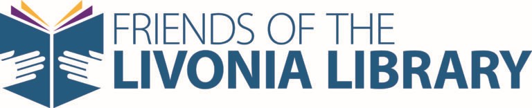 Friends of the Livonia Library logo with open book and helping hands graphic