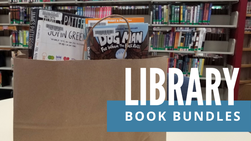 brown paper bag filled with children’s books in a library setting with text reading Library Book Bundles