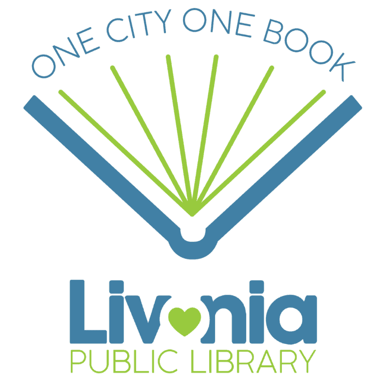 One City One Book logo featuring an open book icon above the Livonia Public Library name with a heart symbol in the word Livonia.
