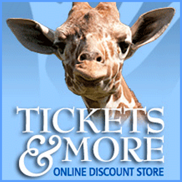 Graphic featuring a giraffe with text reading Tickets and More online discount store