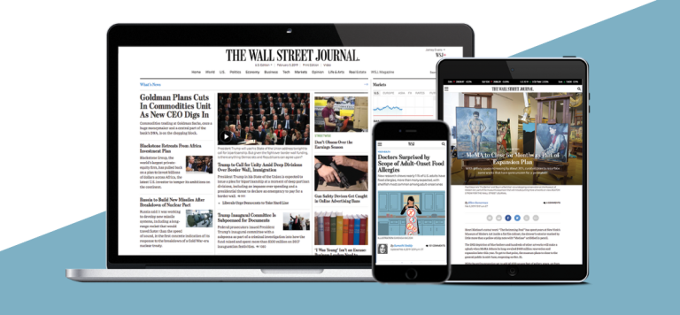 The Wall Street Journal website displayed on a laptop, tablet, and smartphone to demonstrate responsive design across multiple devices