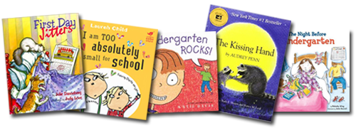 collection of kindergarten books including first day jitters, i am too absolutely small for school, kindergarten rocks, the kissing hand, and the night before kindergarten