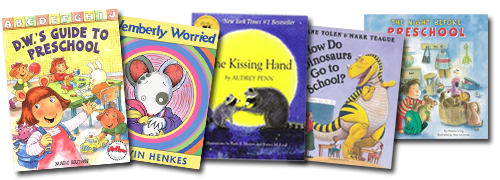 collection of popular preschool books including dw's guide to preschool, wemberly worried, the kissing hand, how do dinosaurs go to school, and the night before preschool
